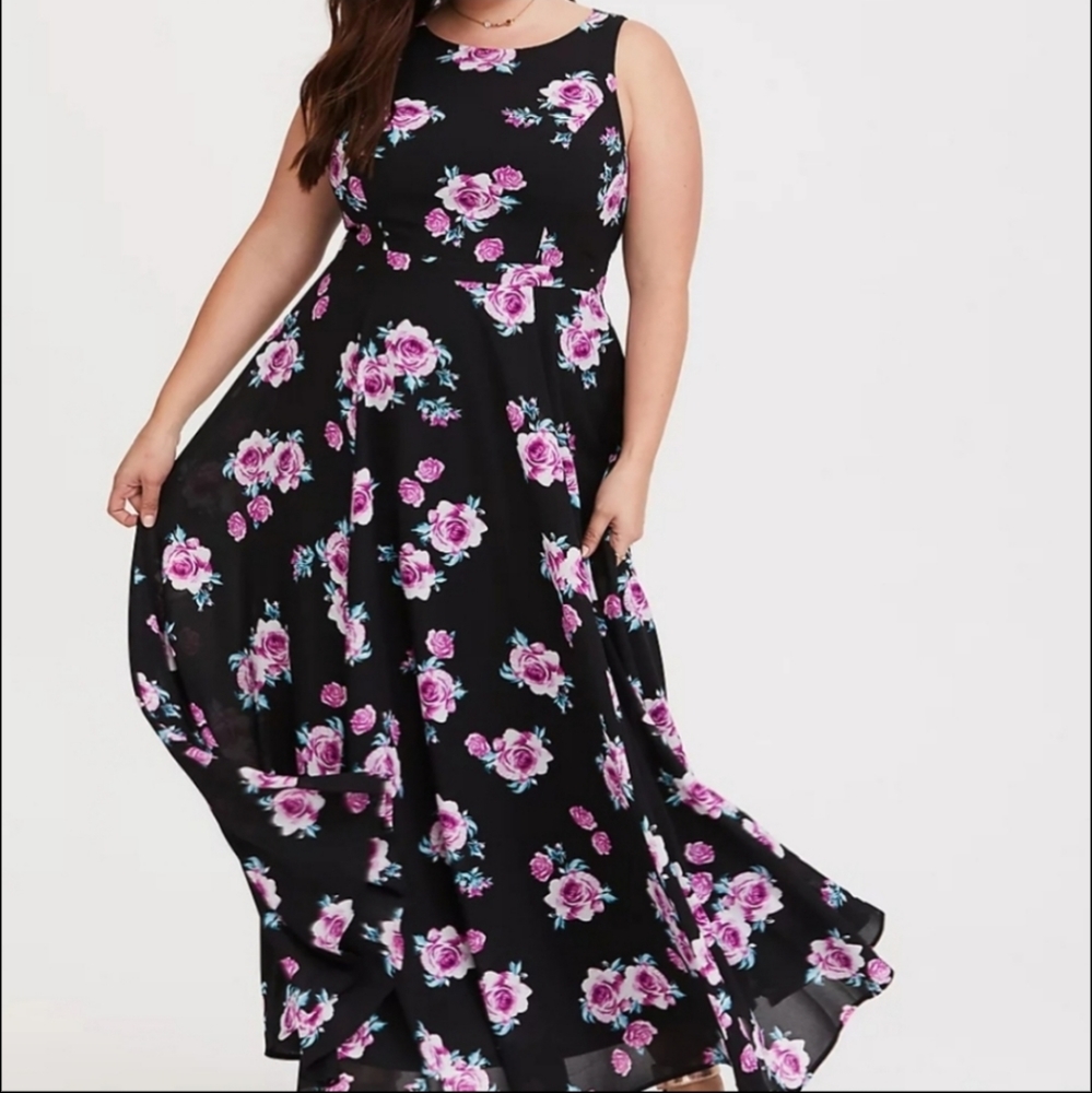 Torrid, Black Pink Floral Rose Georgette Sleeveless Maxi Chiffon Dress, 18 - Picture 3 of 9